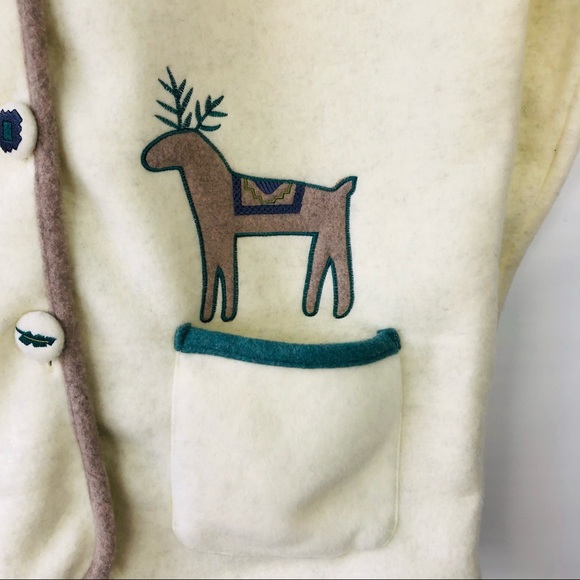 NEW Teddi cream green fleece trees deer button winter holiday jacket large - Picture 5 of 10